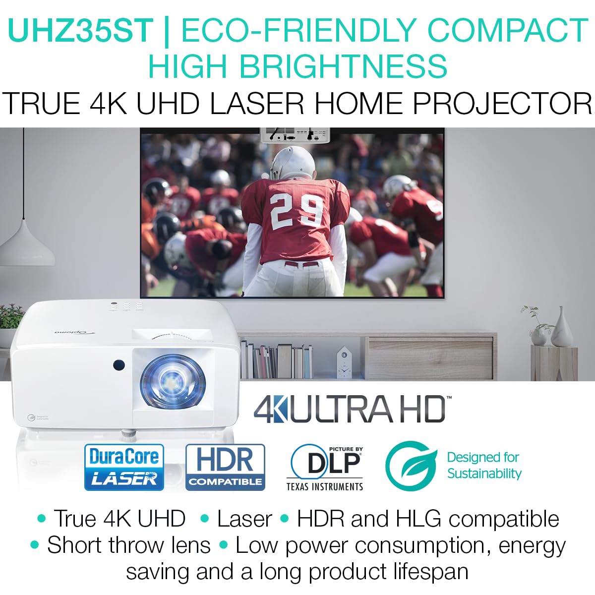 Optoma UHZ35ST 3500-Lumen UHD 4K Short-Throw Laser Projector - White