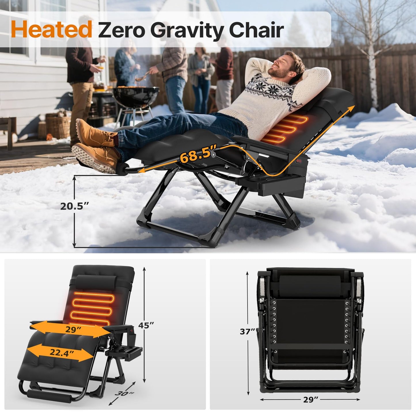 Suteck Heated Zero Gravity Chair, 29" XL Oversized Reclining Lounge Chair with 3 Heat Levels for Back & Seat, Armrest Pads, Cushion & Headrest, Upgraded Lock & Footrest, 500LBS(Battery Not Included)