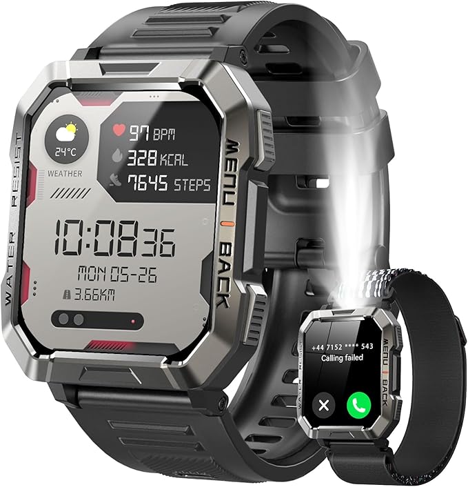 Military Smart Watch for Men (Answer/Make Calls), 2.01'' Smart Watch for Android and iPhone, Fitness Tracker with Flashlig...