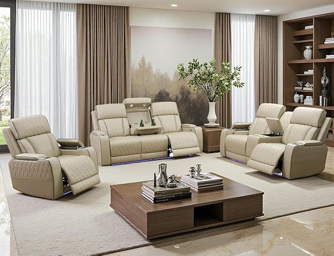 Toseslo Power Recliner Sofa Set with Drop-Down Table, 3-Piece Leather Reclining Sofa Sectional Couches, Living Room Furniture Sets, Reclining Sofa with Cup Holders/Storage Console for House(Beige)