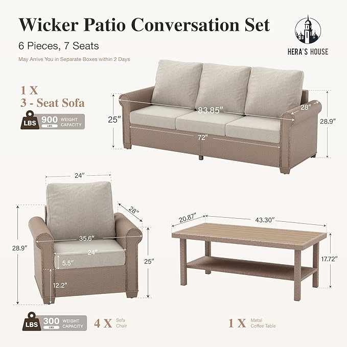 HERA'S HOUSE 6 Pieces Patio Furniture Sets, Outdoor Rattan Furniture with 5.5" Cushions, Oversized Outdoor Wicker Sectional Conversation Set for Lawn Garden Backyard, Beige