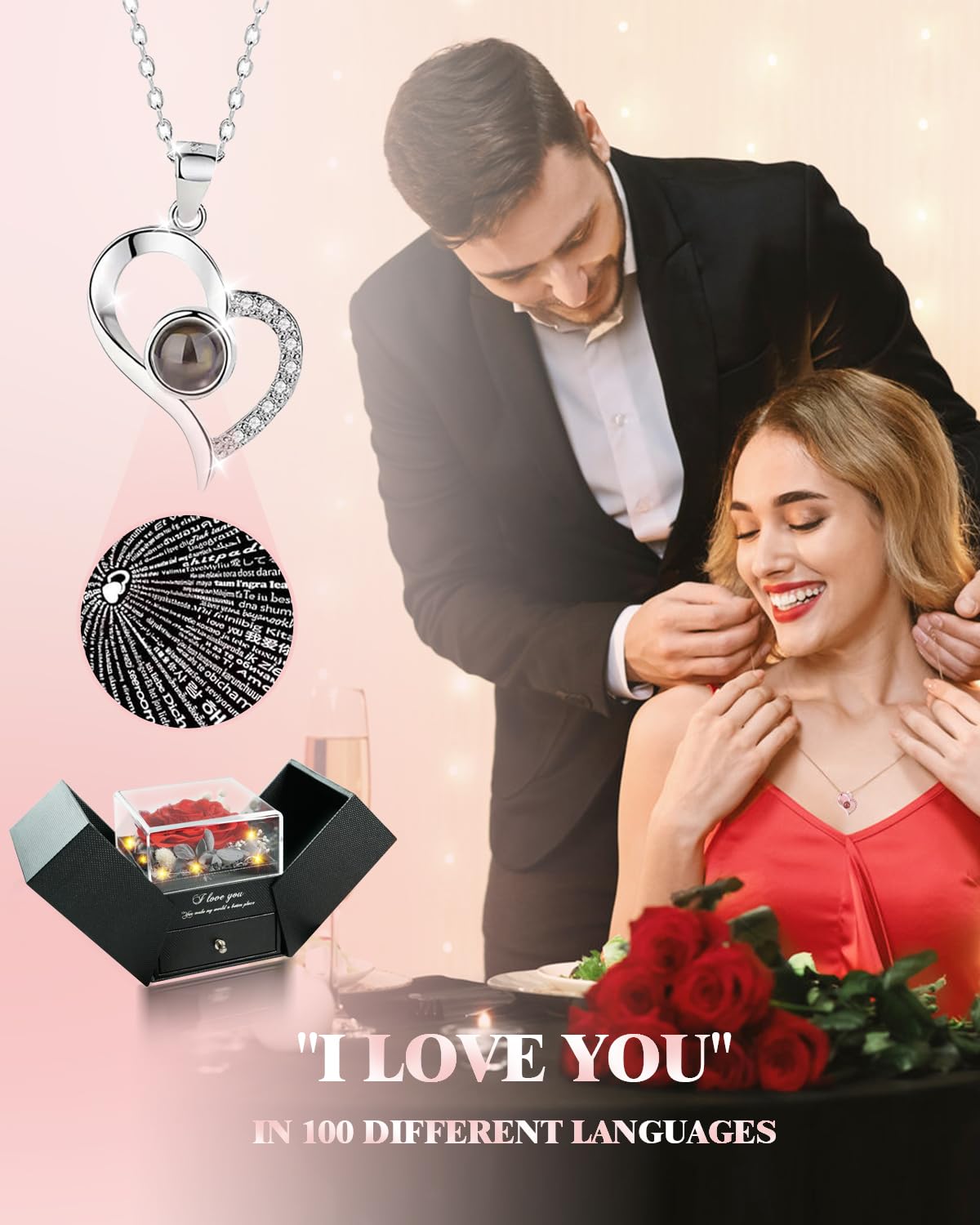 Birthday Gifts for Women, Preserved Real Roses with Heart Necklace I Love You in 100 Languages, Romantic Anniversary Wedding Gifts for Women Her Girlfriend Wife, Forever Roses Necklace Gift Box Red