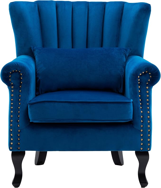 DM Furniture Accent Chairs Set of 2 with Arm Comfy Living Room Chair Mid-Century Modern Wingback Side Chair Velvet Single Sofa Couch for Bedroom Guest Room, Blue