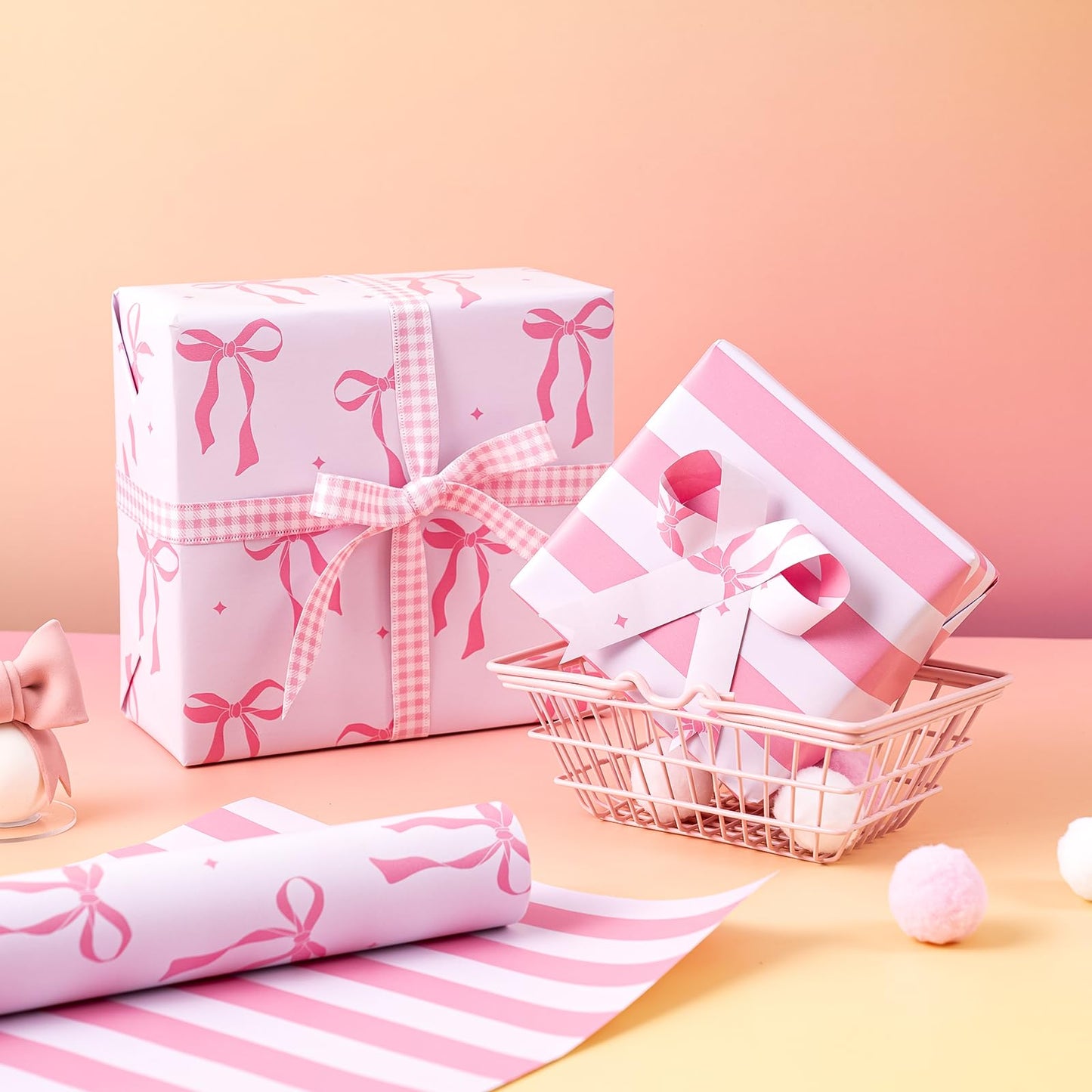 WRAPAHOLIC 30 Inch Jumbo Reversible Pink Bow Wrapping Paper Roll - 30 Inch x 33 Feet - Pink Ribbon Bow and Stripes Design Perfect for Girls Birthday, Baby Shower, Bachelorette Party