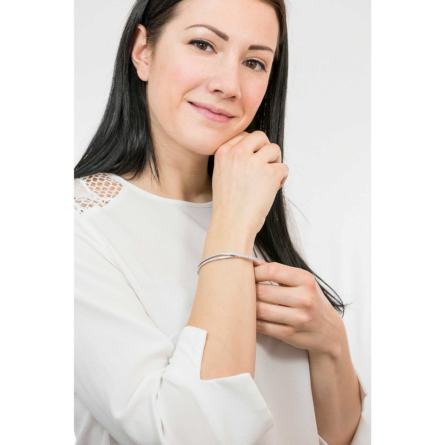 Swarovski Hyperbola Women's Bangle Bracelet with Clear Swarovski Crystals on a Rhodium Finished Setting, Size L