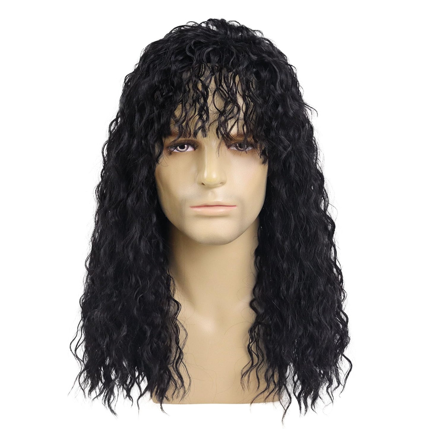 GNIMEGIL Cool Long Curly Synthetic Wig for Men in Jet Black - Retro Rock Style Halloween Costume Roleplay Black Curly Wig Deep W