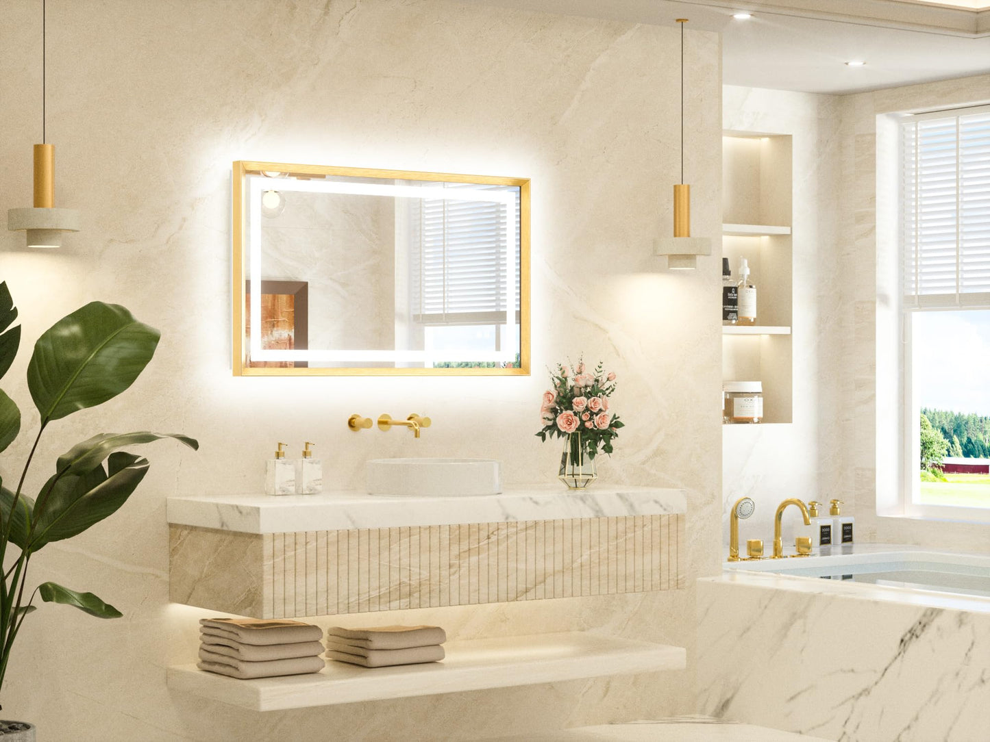 TETOTE 40 x 24 Led Mirror Brushed Gold Metal Frame Frontlit & Backlit Vanity Mirror Anti-Fog Stepless Dimmable 3 Colors White/Warm/Natural Wall Mirror with Lights Wall-Mounted