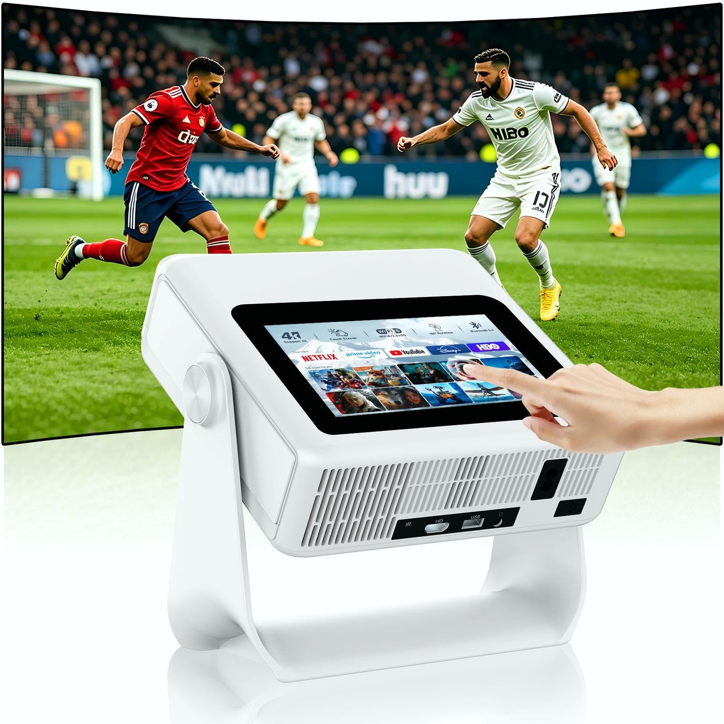 Smart Projector with WiFi and Bluetooth, 4K Supported Native 1080P Portable Outdoor Projector, Dual-Screen Sync Built-in Touchscreen Home Theater Gaming Projector for Bedroom Backyard Movie Night