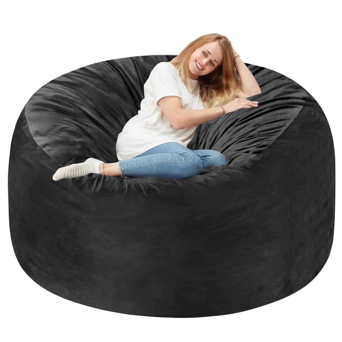 Homguava 5FT Bean Bag Chair Giant BeanBag with Memory Foam Filled, Comfy Bean Bag Chairs for Adults, Adult Bean Bag Chair with Dutch Velvet Cover for Living Room Bedroom-Black
