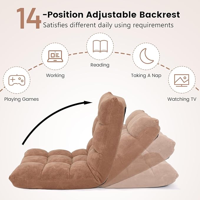 MAT EXPERT 14-Position Floor Chair, Floor Gaming Chair w/Soft Coral Fleece, Alloy Steel Frame, Padded Lazy Couch Recliner, Floor Chair with Back Support for Reading, Meditating, Playing Game (Beige)