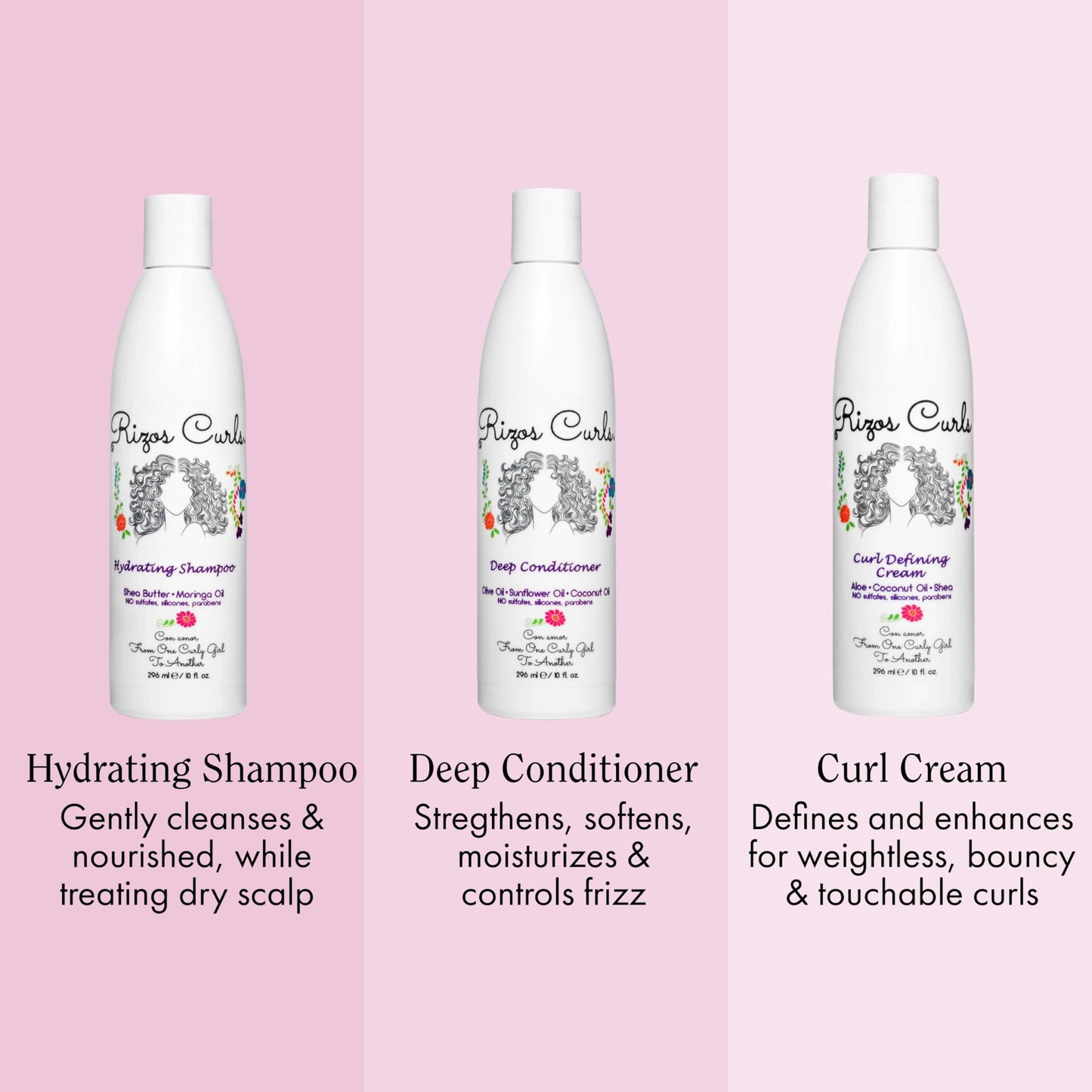 Rizos Curls Trio Bundle, Hydrating Shampoo & Deep Conditioner & Curl Cream Bundle, Gently Cleanse and Hydrate Curly Hair, Style