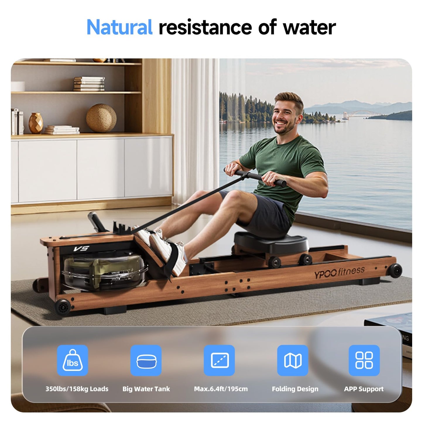 YPOO Water Rowing Machine for Home, Foldable Rower Machines with Comfortable Seat and Quick-Folding Design, Wooden Water Rower with 350LBS Weight Capacity