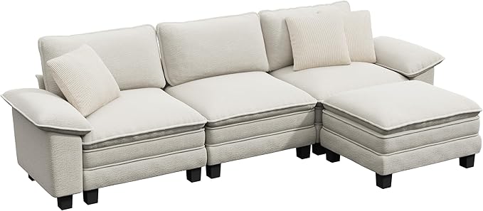 PHI VILLA Cloud Modular Couch Sets, 123.6" Sectional Sofa with L-Shaped Chaise, 4-Seater Upholstered Couches with Movable Ottoman for Living Room, Chenille Fabric, Beige