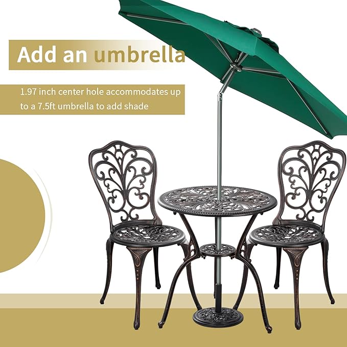 Withniture 3 Piece Outdoor Bistro Set All Weather Patio Table and Chairs Set, Cast Aluminum Patio Bistro Sets with 1.97” Umbrella Hole, Metal Patio Furniture Set for Front Porch Garden, Bronze