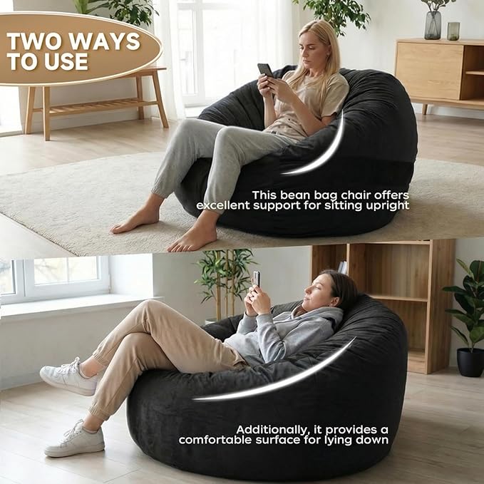 YuppieLife Large Foam Filled Bean Bag Chairs for Kids Teenagers Adults Living Room Gaming Relaxing 4F Machine Washable Lazy Sofa（Black