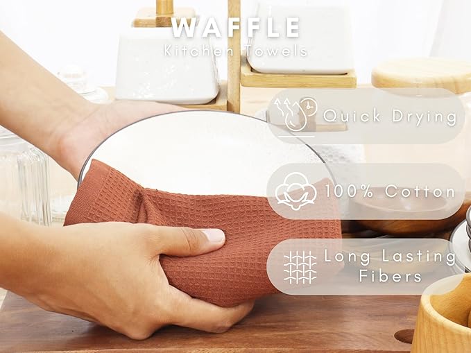 PurpleEssences Rust Waffle Weave Kitchen Towel, 100% Cotton, 15x25 Inches, with Hanging Loop Ultra Soft Absorbent Quick Drying Dish Cloth, Tea and Hand Towels, 6 Pack - Christmas Holiday Winter - Rust