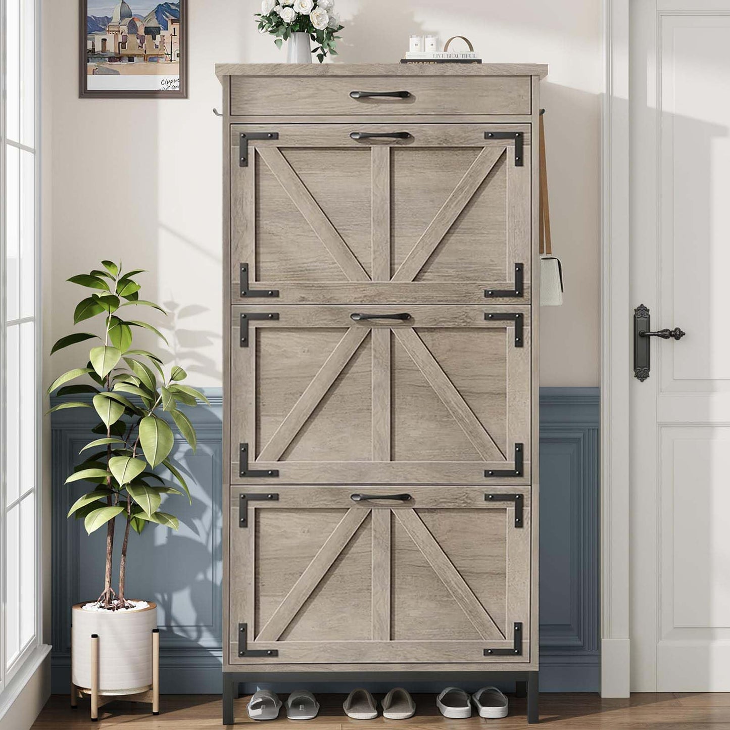 Jocoevol Shoe Cabinet Storage for Entryway with 3 Flip Drawers and 1 Top Drawer, Freestanding Hidden Narrow Shoe Cabinet with Metal Legs for Foyer, Hallway (Grey)