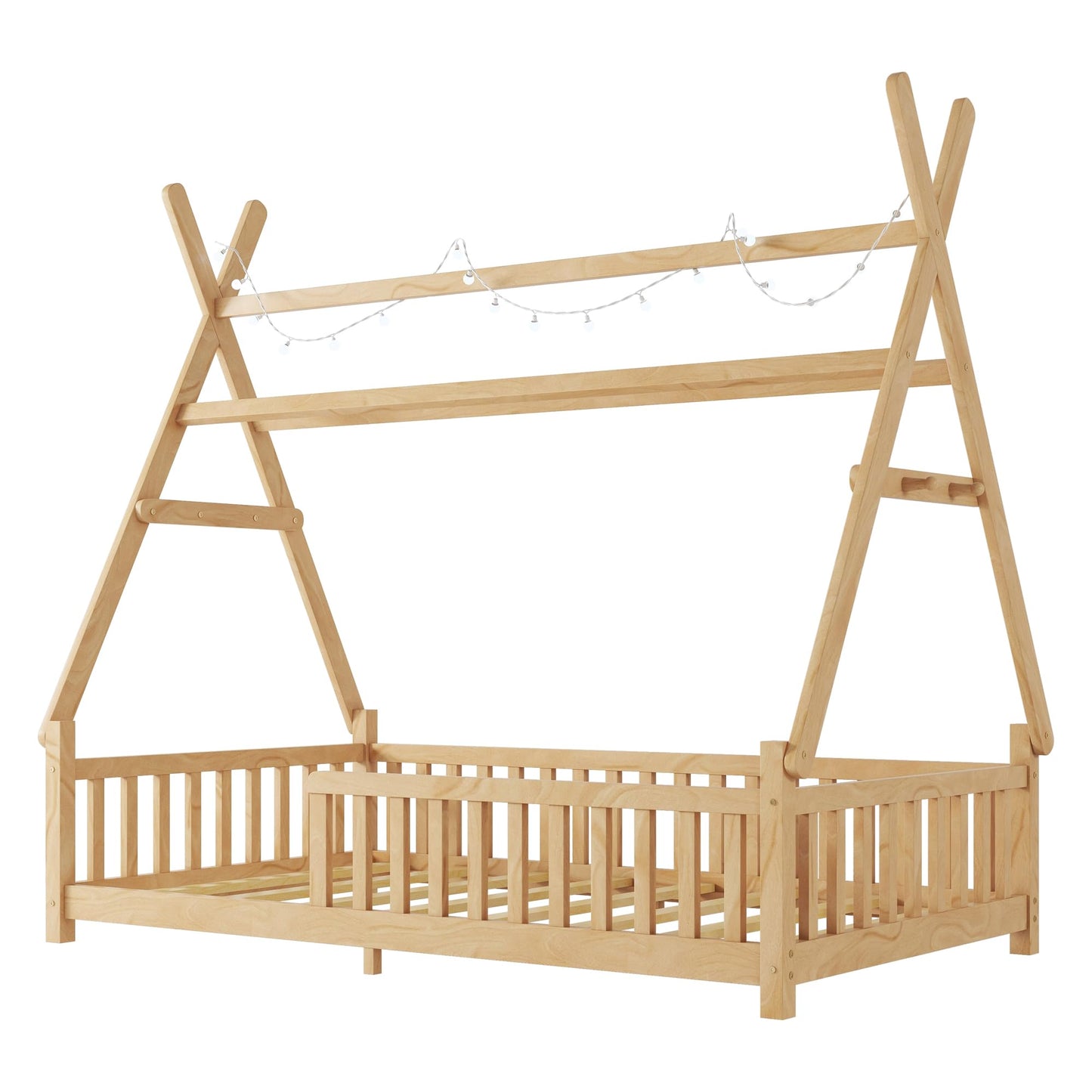 Mirightone Teepee Floor Bed for Kids, Twin Size Tent Beds with Hanging Rack, Detachable Montessori Floor Bed with Slats and Fence Rails, Wood House Bedframe for Boys Girls, Natural
