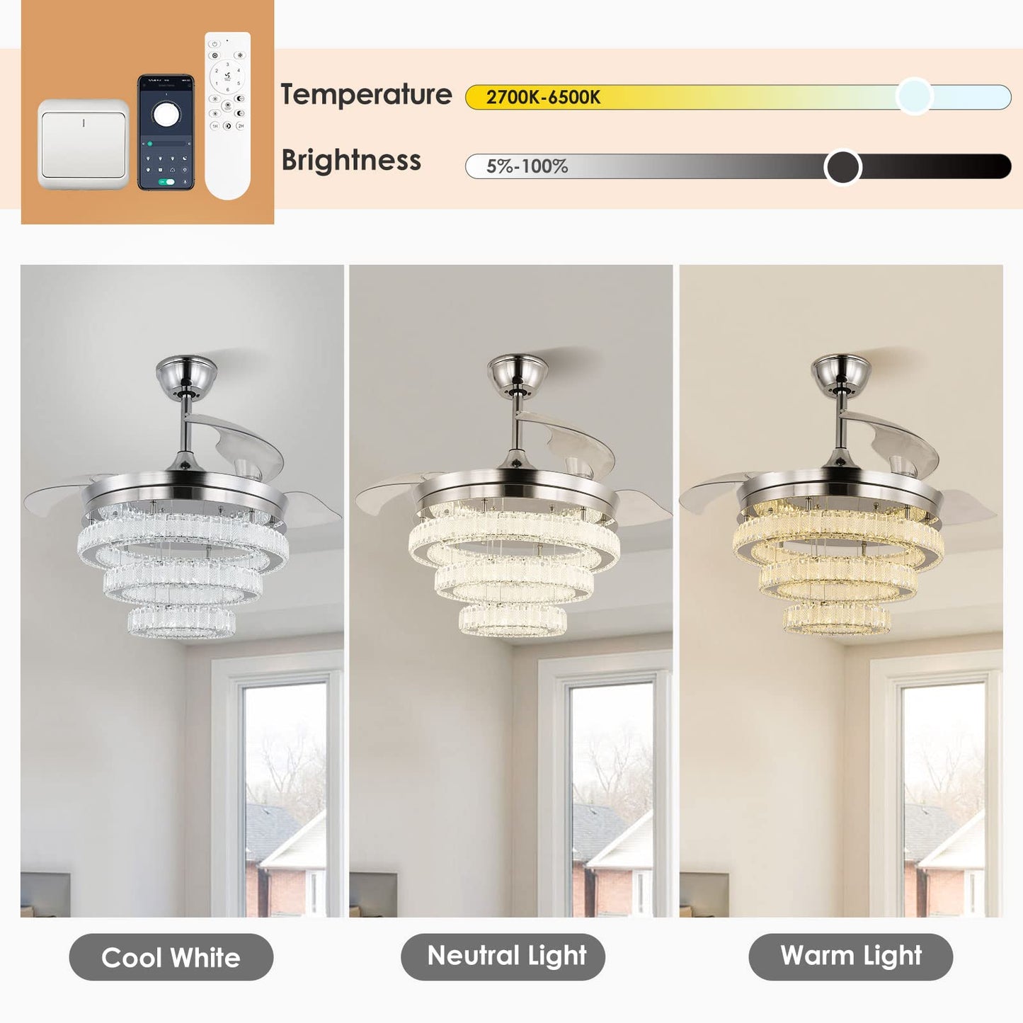 FRIXCHUR 42 Inch Crystal Chandelier Ceiling Fans with Lights Dimmable LED Fandeliers Silver Ceiling Fan with Light and Remote