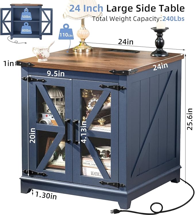Joaxswe Farmhouse End Table with Charging Station Set 2, 24" Large Sofa Side Table with Glass Barn Door, Blue Nightstand with Adjustable Storage Shelf,Wood Square Bedside Table for Living Room,Bedroom