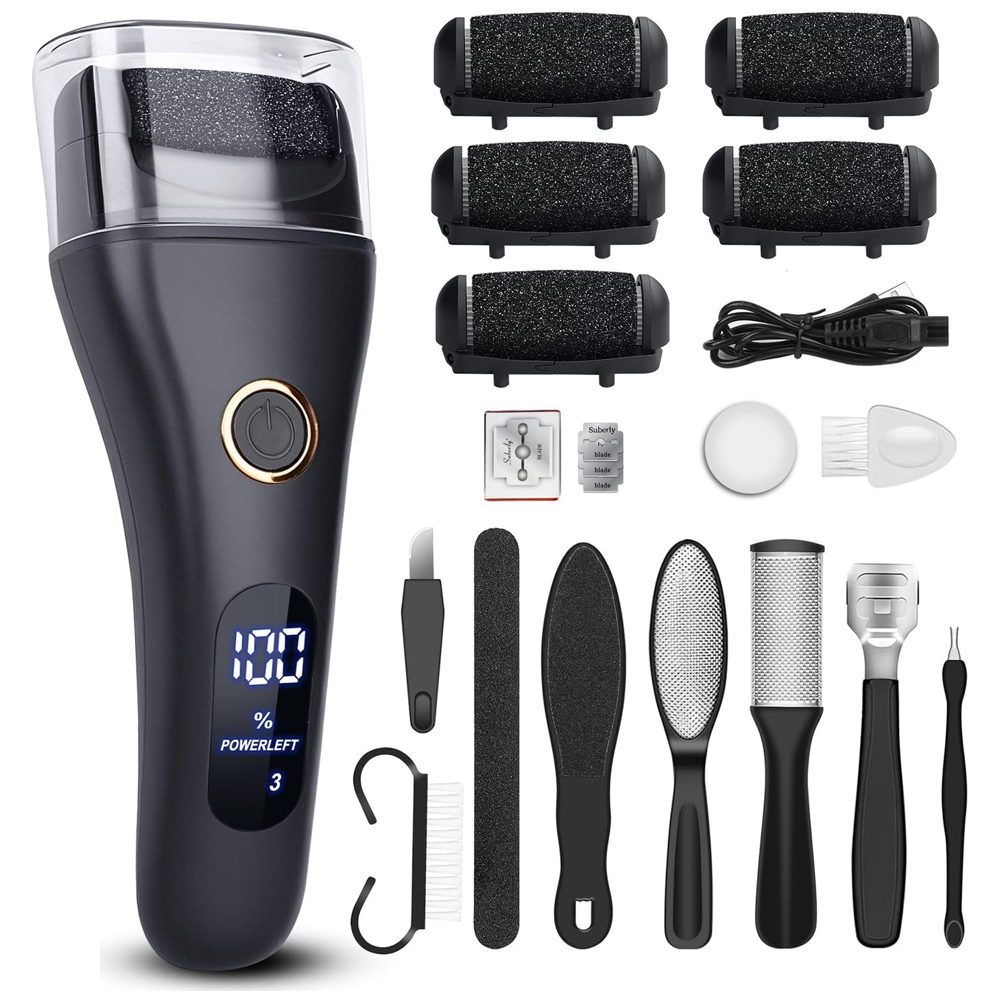 Electric Foot File Callus Remover for Feet - 6pcs Larger Grinding Head&3Speed, Pedicure Kit Foot Scrubber Deadskin Callus Remove