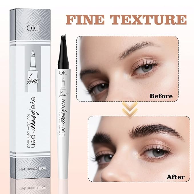 QIC Eyebrow Pen, Lightweight Waterproof Microblading Eyebrow Pencil, Smudge & Transfer Proof 4 Tip Brow Pen (Grey)