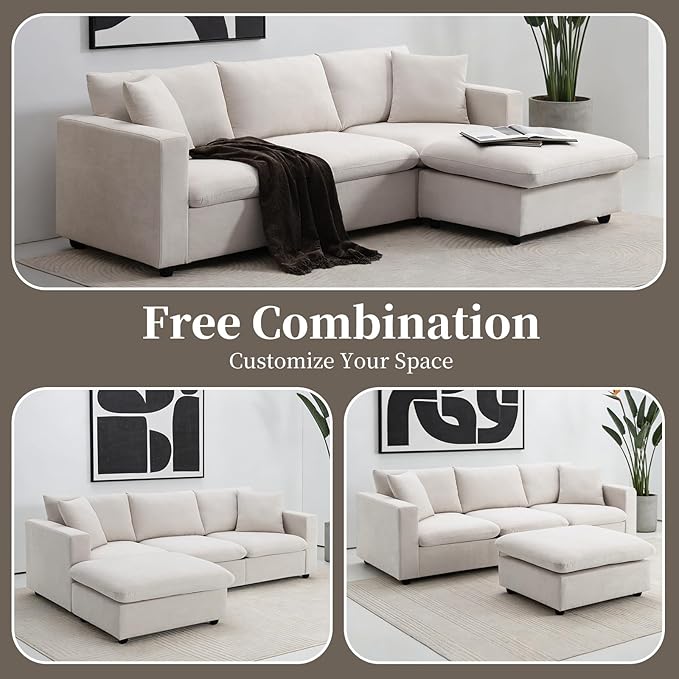 KIVENJAJA Beige Cloud Couch for Living Room Apartment Small Spaces, Linen L Shaped Modular Sectional Sofa with Convertible Ottoman Chaise, Modern Minimalist, Metal Frame, 100.4" W 3 Seater