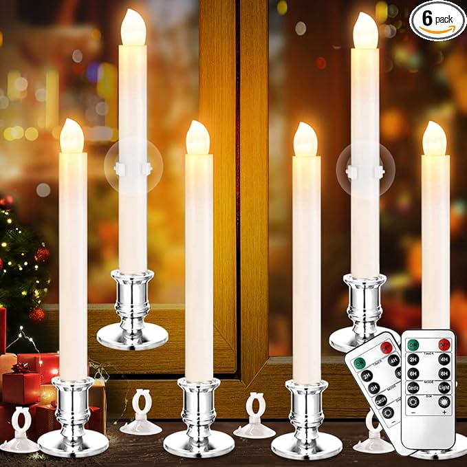 YAUNGEL Window Candles, 6 Pack LED Battery Operated Christmas Candles for Windows with Remote Electric Candle Lights with Removable Candle Holders Suction Cups for Christmas Decorations, Silver