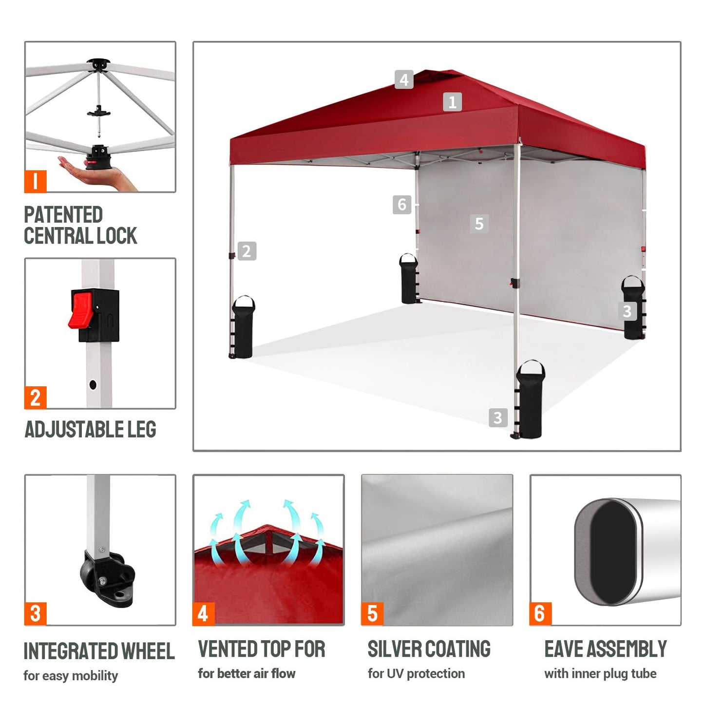 CROWN SHADES 10x10 Pop Up Canopy with 1 Side Wall - Beach Tent with One Push Setup - Outdoor Sun Shade for Events, Parties, Camping - Gazebo with STO-N-Go Cover Bag (Red)