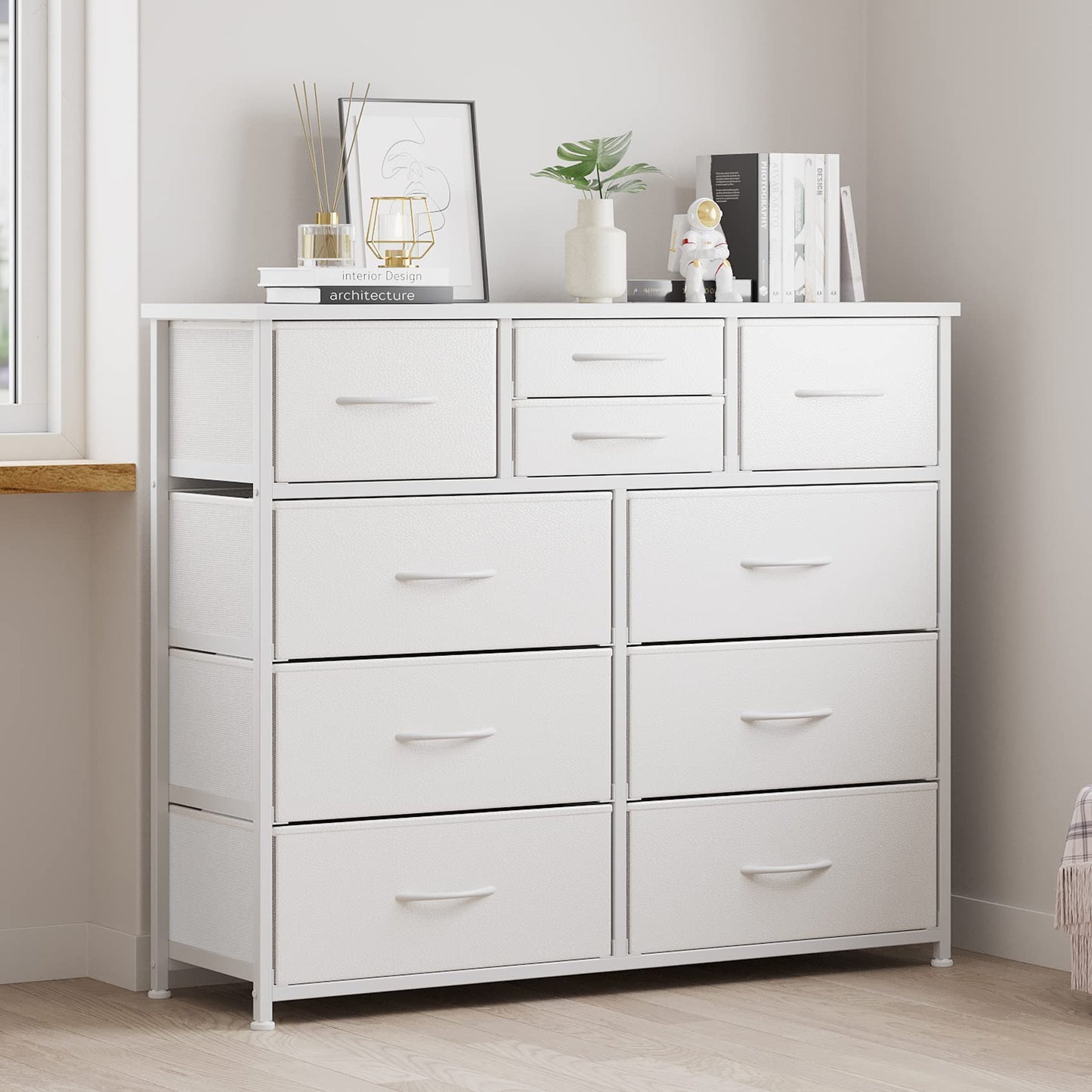 LUMTOK 10-Drawer Dresser, Fabric Storage Dressers Drawers for Bedroom, Hallway, Nursery, Closets, Steel Frame, Wood Top, Easy Pull Handle (White)