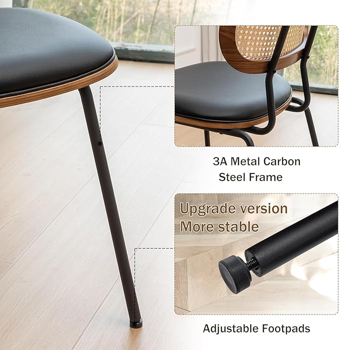 HOCEWI Rattan Dining Chairs Set of 4, Mid Century Modern Dining Chairs with Cane Back for Kitchen Dining Room, 19 Inch Faux Leather Black