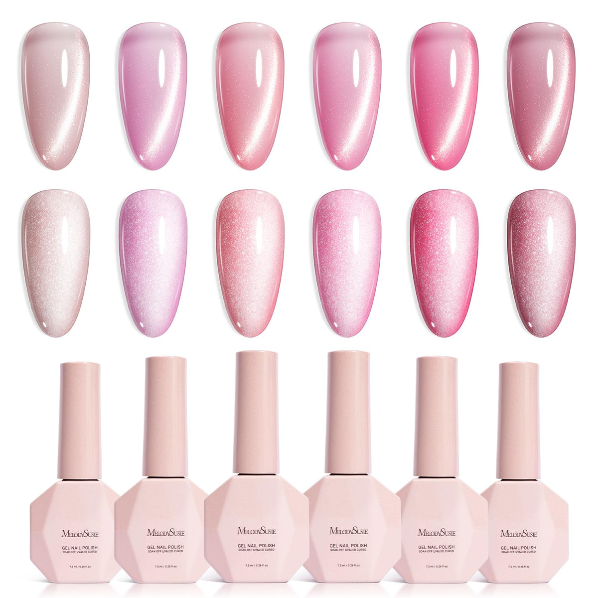 MelodySusie Pink Gem Cat Eye Gel Set Cat Eye Gel Nail Polish Set 6 Pcs, 0.26 Fl Oz Glitter Holographic Magnetic Nail Polish with