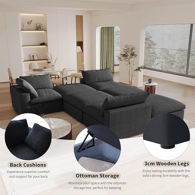 Cloud Couch Modular Sectional Sofa with Storage Ottoman,L Shaped Couch for Living Room,80.3" inch Down Filled 3 Seater Convertible Sectional Sofas for Office Apartment (Black)