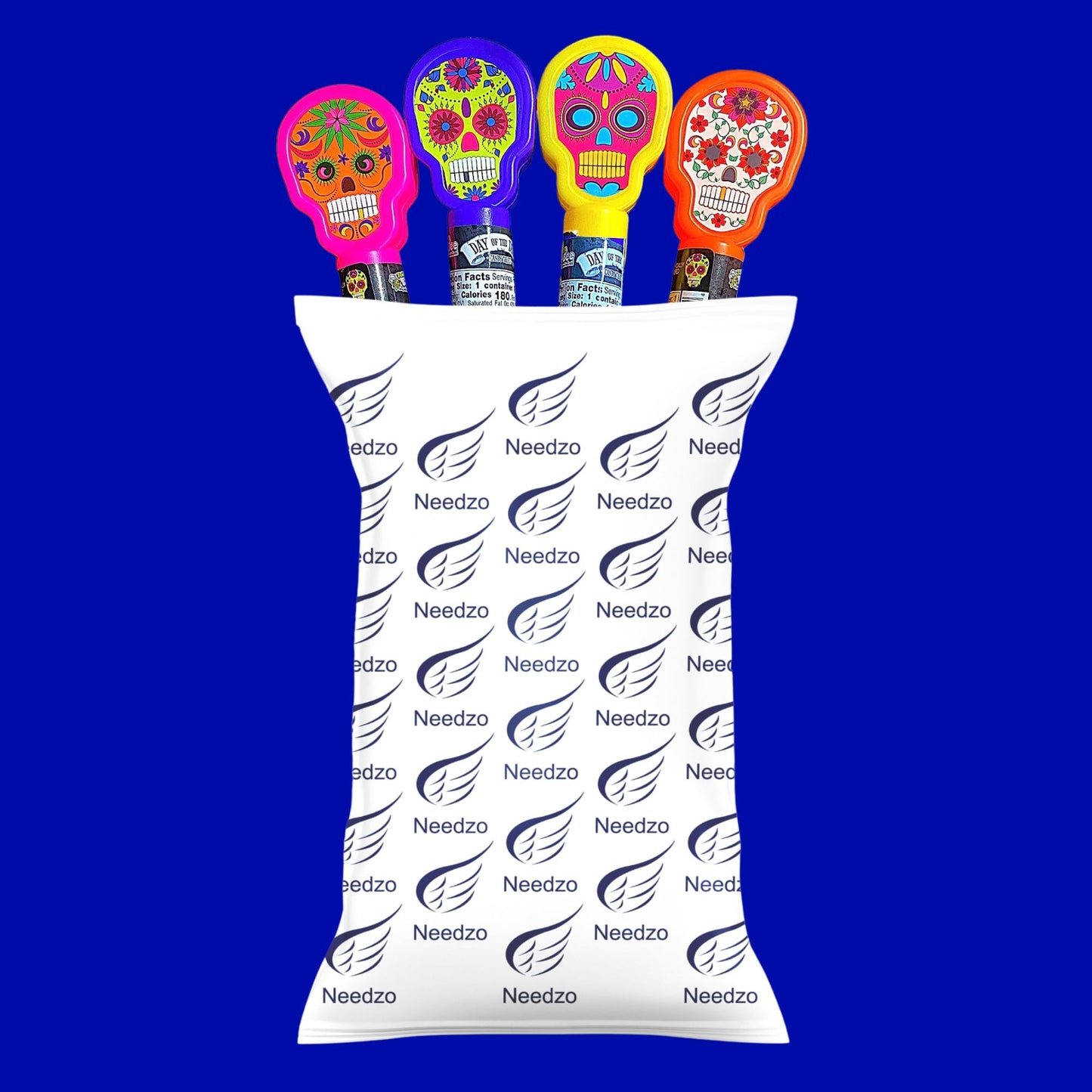 Needzo of the Dead Sugar Skull Plastic Candy Tubes with Hard Candies Inside, Dia De Los Muertos Party Favors, Small Halloween Gifts, Pack of 4