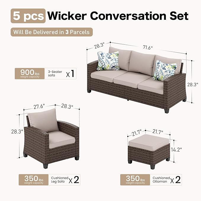 SUNSHINE VALLEY Patio Furniture Set Outdoor Furniture Brown Wicker Rattan Patio Conversation Sets with Cushion Outside Sofa Set,5 Pieces 7 Seats,Beige