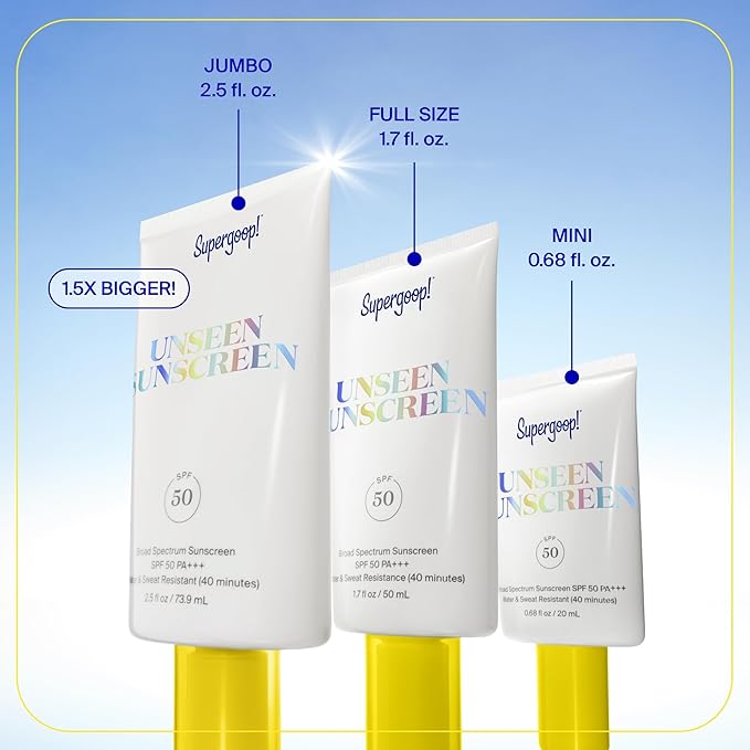 Supergoop! Unseen Sunscreen - SPF 50 - Clear & Invisible Face Sunscreen + Broad Spectrum + Makeup-Gripping Primer - Weightless, Scentless, Oil Free - For All Skin Types & Tones - 2.5 fl oz