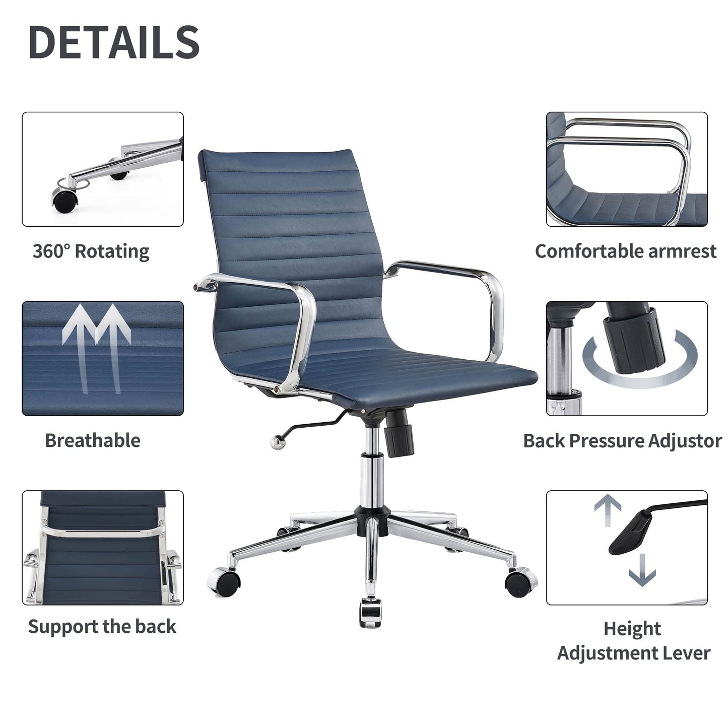 Office Desk Chair,Modern Conference Room Task Chairs,Leather Computer Swivel Excutive Ribbed Ergonomic Rolling Chair for Home Office Desk Chair （Navy）