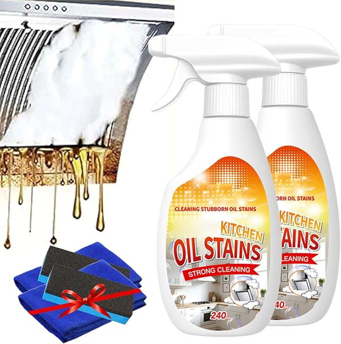 Fiell Heavy Grease Cleaner with Mild Formula Quick Decomposition,240ml Clean Kitchen up Oil Stains Spray,Kitchen Oil Cleaner,Multipurpose Oils Stain Remover Spray for Oven,Gas Stove,Cabinets,Grill (2)