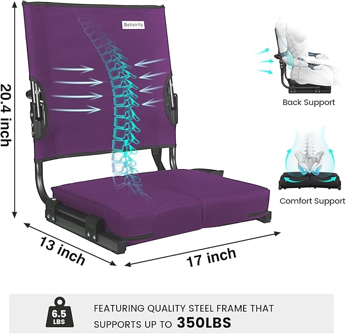 behairity Portable Stadium Seat for Bleachers with Back Support, Wide Padded Bleacher Chair with High Back and Thick Cushion for Adults, Folding Stadium Chair for Football Sports Events (Purple)