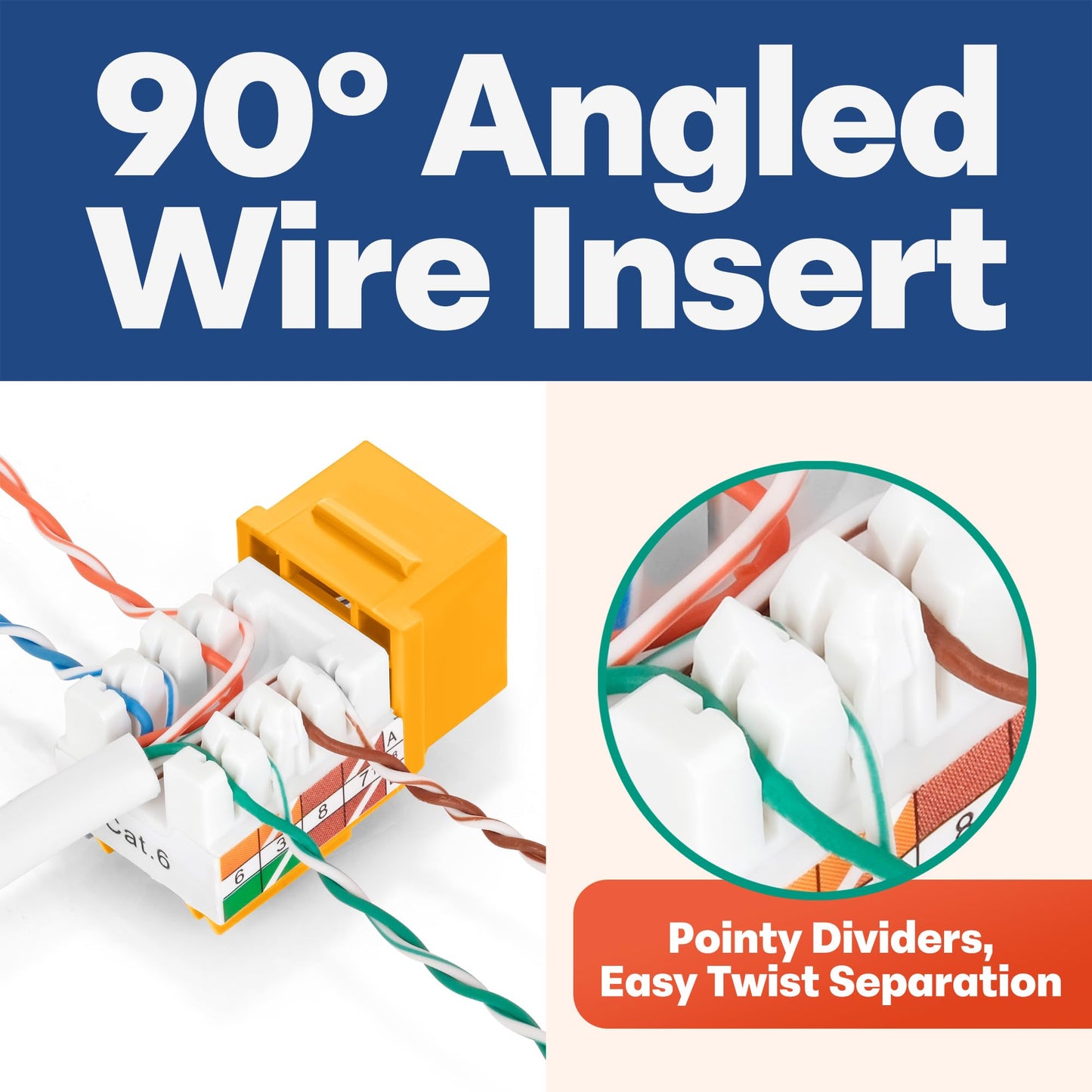 Everest 90 Angled Rj45 Cat6 Keystone Jacks 10-Pack In Yellow - Slim Profile Female Rj45 Connectors - Cat 6 Keystone Jack - Compa