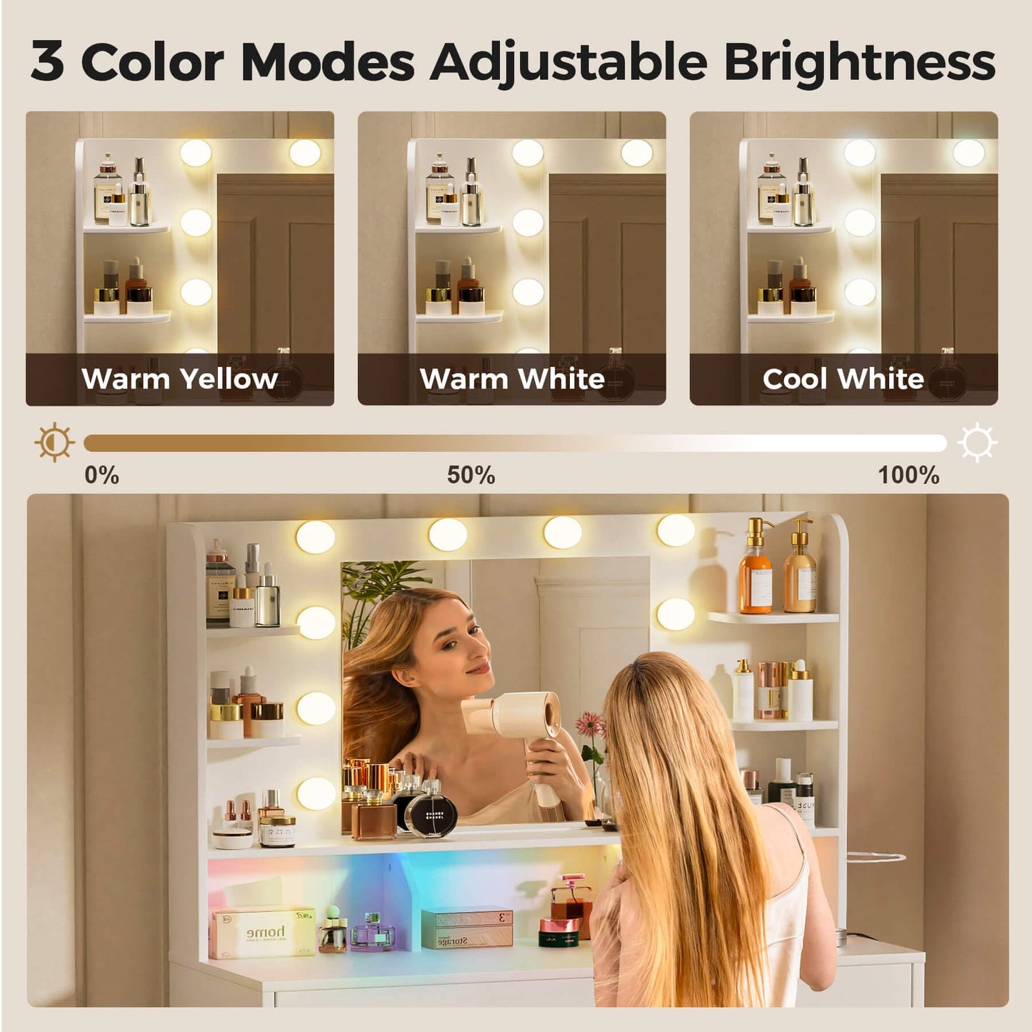 COMHOMA Vanity Desk with Lighted Mirror and Power Outlet, RGB LED Lights Makeup Vanity Set for Girls, Large Storage Capacity Dressing Table for Bedroom, 3 Lighting Modes Adjustable Brightness, White