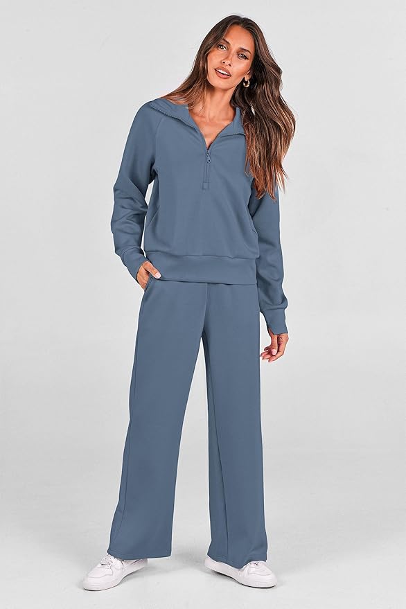PRETTYGARDEN Women's 2 Piece Outfits Casual Lapel Half Zip Sweatshirts and Wide Leg Pants Tracksuit Sets
