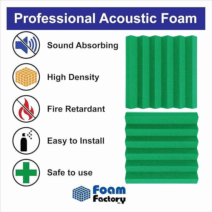 Foam Factory Inc 24 Pack Color Acoustic Foam Panel Studio Soundproofing Wedge Wall Tiles 12” X 12” X 2” (Kelly Green)