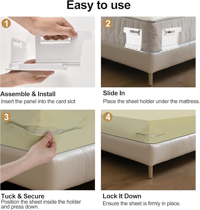 Bed Sheet Holder&Bed Sheet Straps 4 Pieces Each Keep Sheets Firm & Tight,Bed Sheet Rack with Lock Strip Easy to Install and Not Easy to Break,Sheet Holders Set Fit All Mattress Sizes(White)