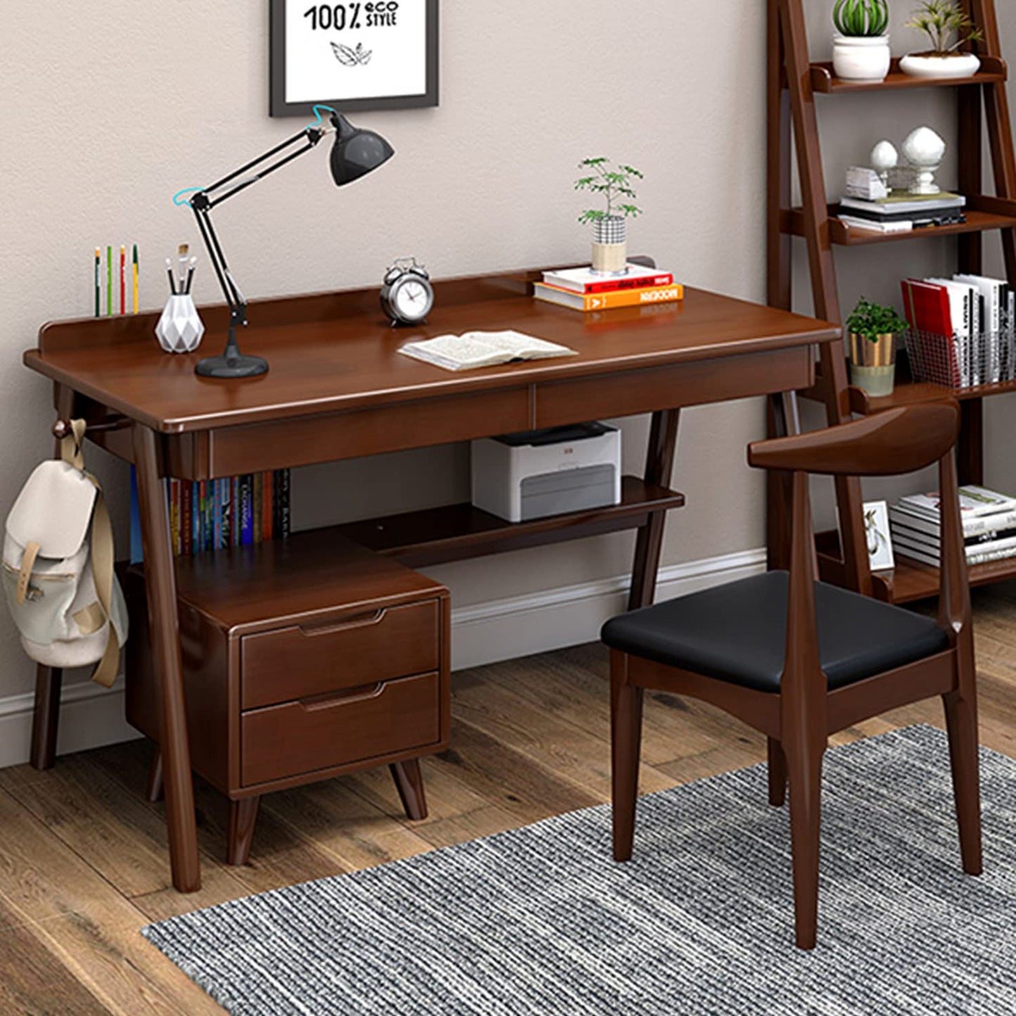 Solid Wood Writing Desk, 47" Mid-Century Modern Walnut Desk, Home Office Computer Desk with 2 Drawers and Storage Shelf, Laptop Desk, Study Table, Work Desk Station