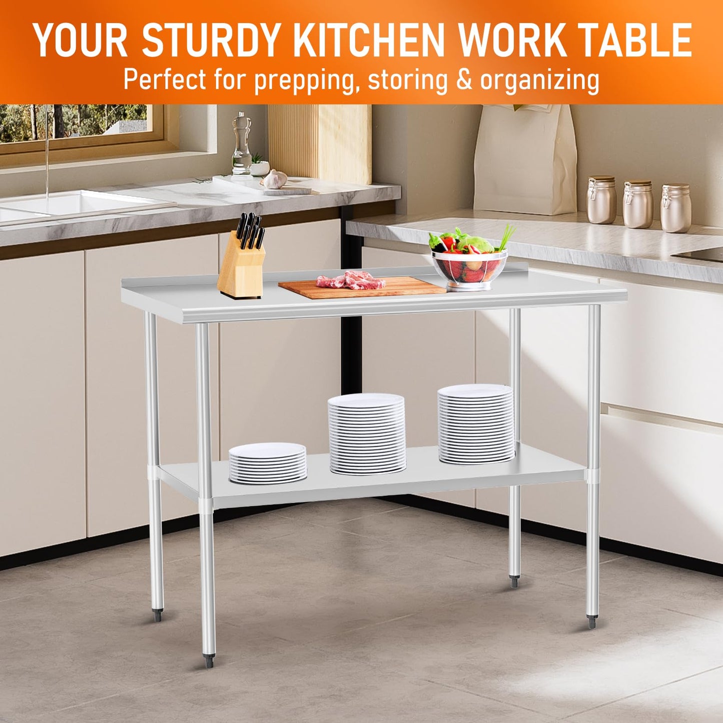 HOCCOT Stainless Steel Table 30" x 48" with Adjustable Undershelf and Backsplash, Commercial Metal Workstations for Kitchen, Garage, Outdoor BBQ