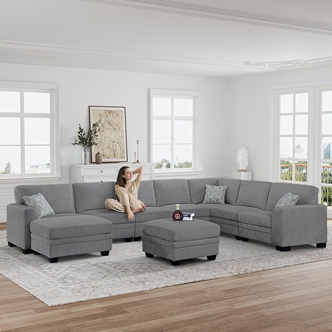 Legend Vansen Oversized Modular Sectional Sofa,9 Seat U Shaped Couch with Ottoman,Corduroy Sofa with Deep Seat,Convertible Large Sectional Couches for Living Room (Grey, U-9)