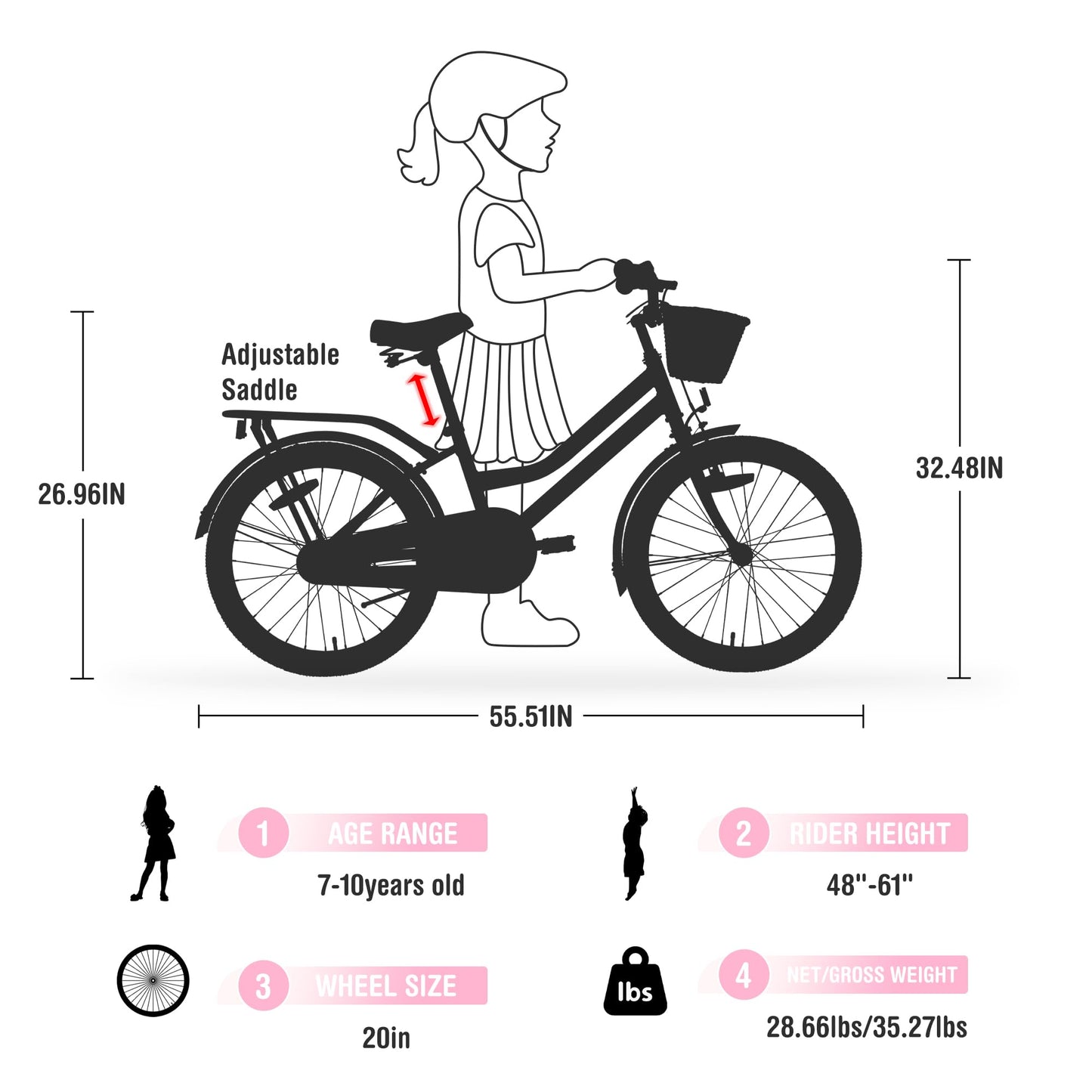 BALINGE 20" Inch Girls Cruiser Bike Single-Speed Hybrid City Bicycle for Youth Over 7 Years Old with Wicker Basket & Rear Rack，Kids Cycle Bikes，Lightweight, Hand Brake&Pedal Brake，Light Pink