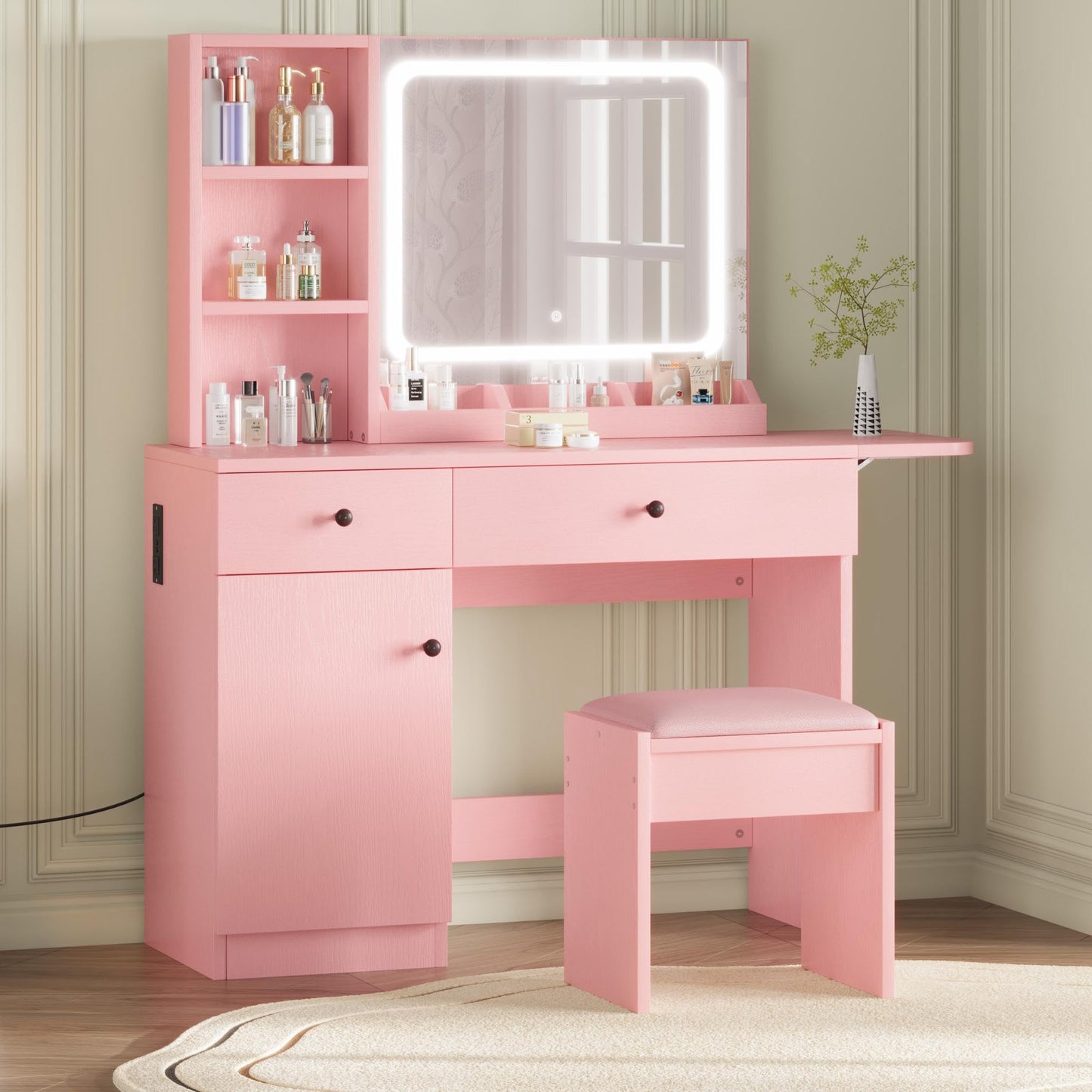 Garvee Vanity Desk with Mirror & Light, Makeup Vanity Table with Charging Station, Large Storage Cabinet & 2 Drawers & 3 Open Shelves, 3 Lighting Modes Adjustable Brightness, Bedroom Dressing, Pink