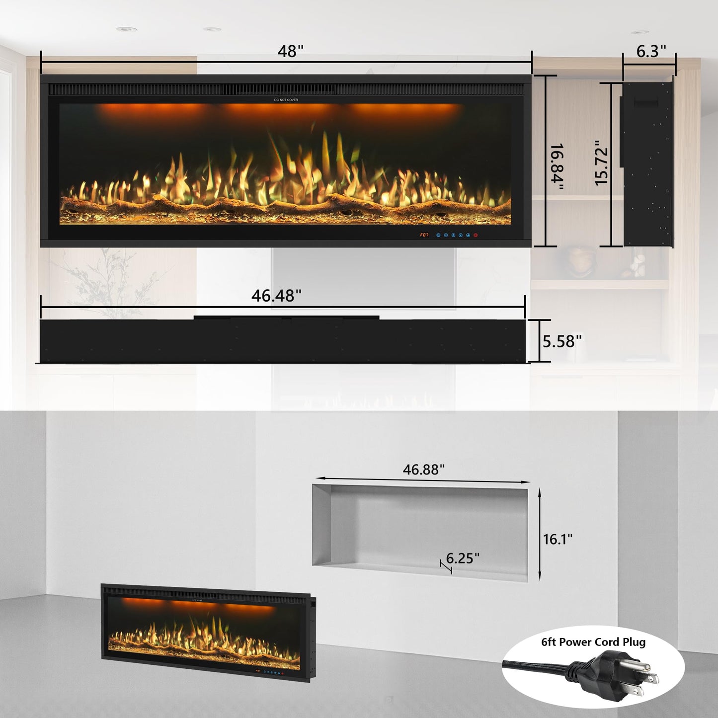 48" WiFi Electric Fireplace Insert, Ultra-Narrow Bezel Fireplace Heater with APP Control, 3 Top Light Colors, 13 Flame & Fuel Bed Colors, 9H Timer, Recessed/Wall Mounted, 750/1500W, Black